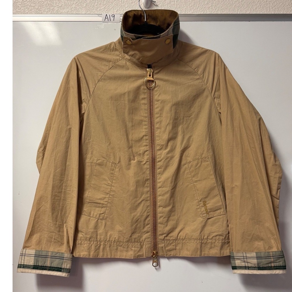 Barbour Womens Tan Khaki Harrington Jacket Tartan Lining Corduroy Collar Size 4